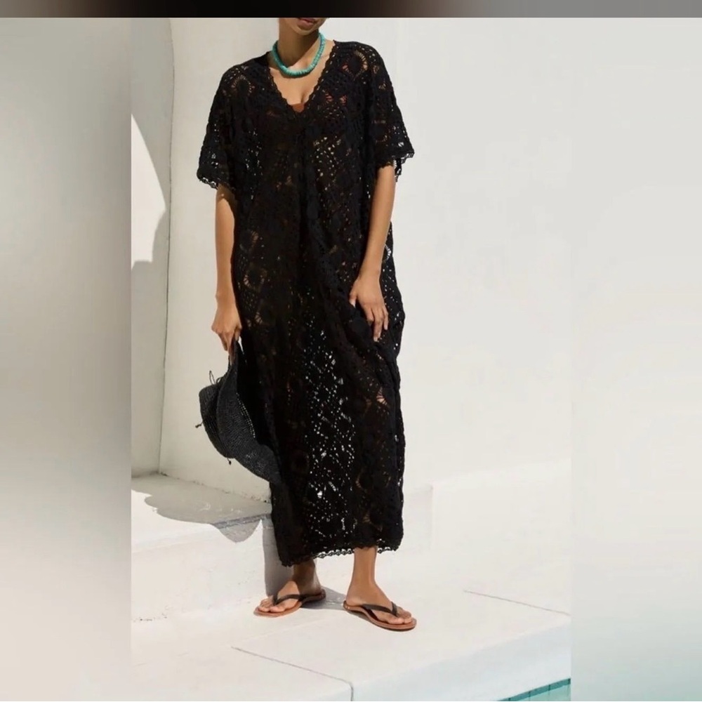 By Anthropologie Sheer Crochet CoverUp Dress in‎ Black Onyx XS/S NWT